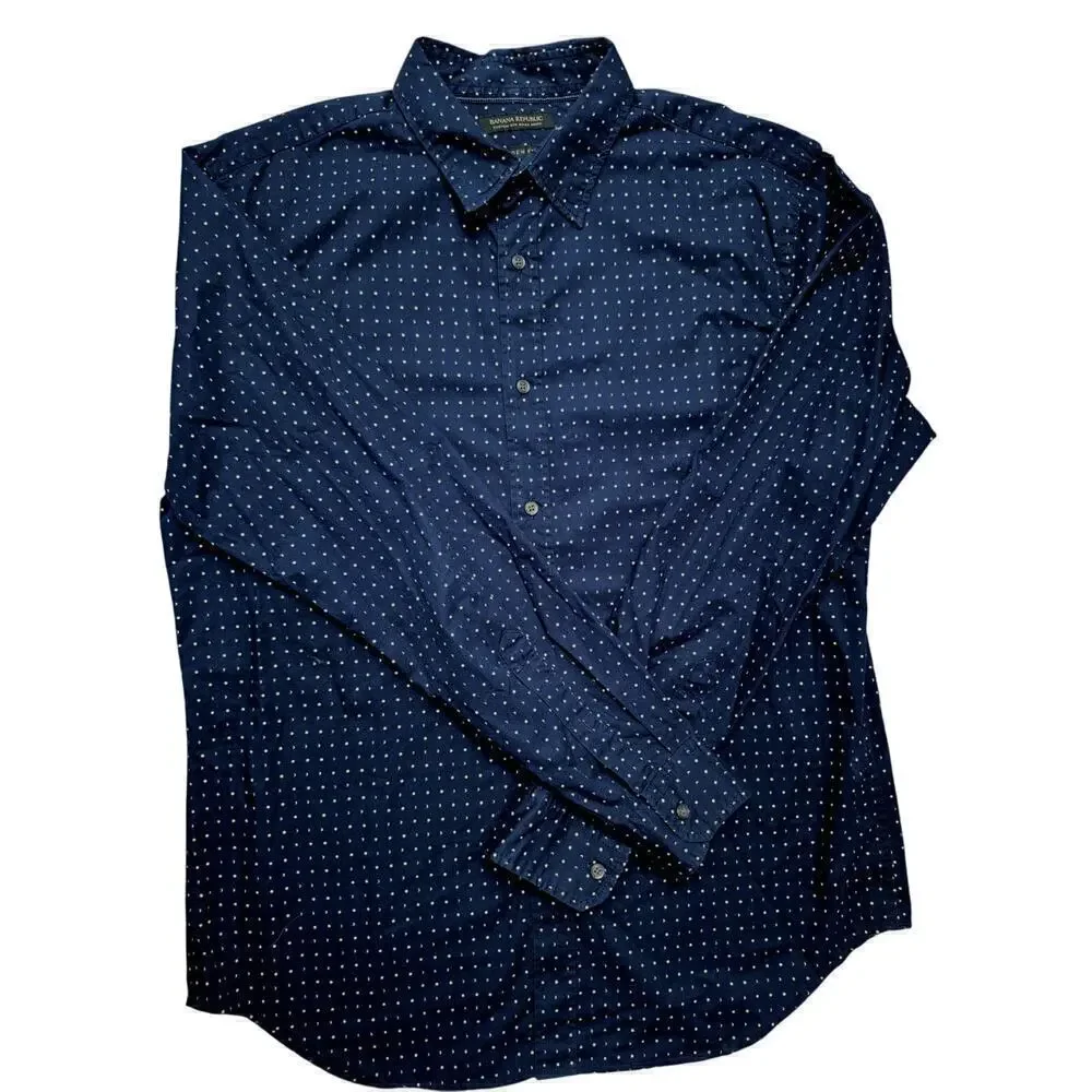 Banana Republic Mens Sz L Custom Wash Shirt Camden Fit Navy Blue Calico